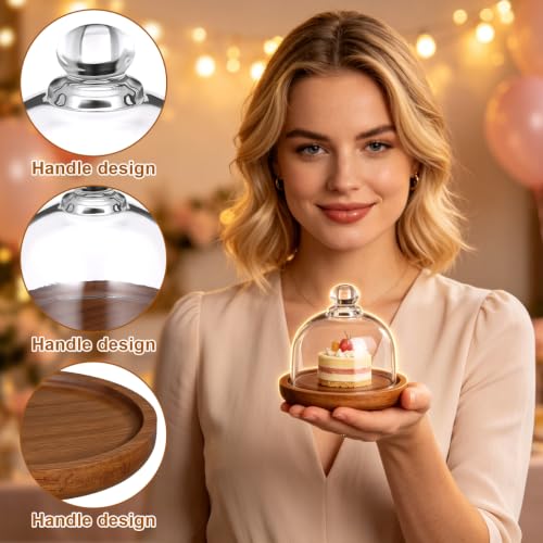 Yardwe 2 Pack Mini Cake Stand with Glass Dome Lid - 3.4" Small Dessert Dome Wood Base - Cupcake Cloche Cover for Pastries Cheese Charcuterie - Clear Glass Plate Server for Individual Portion Display
