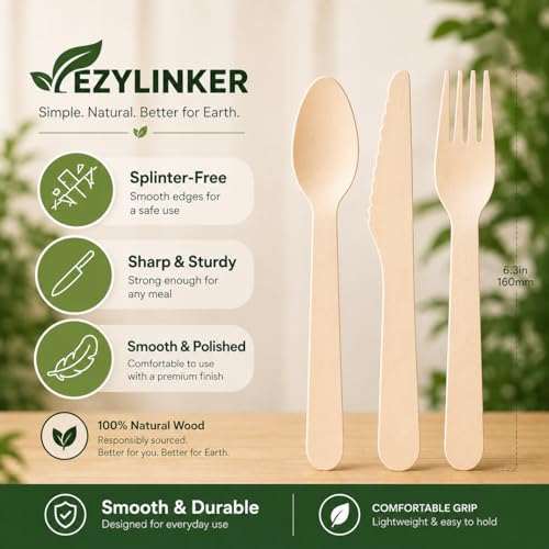 500 Wooden Utensil Set Disposable, 100% Compostable Cutlery Set [200 Forks, 200 Spoons, 100 Knives] – Alternative to Plastic & Bamboo Cutlery - Eco Friendly Utensils Set for Lounge Party Wedding BBQ - size: Wooden Cutlery(500-Mixed-Set)
