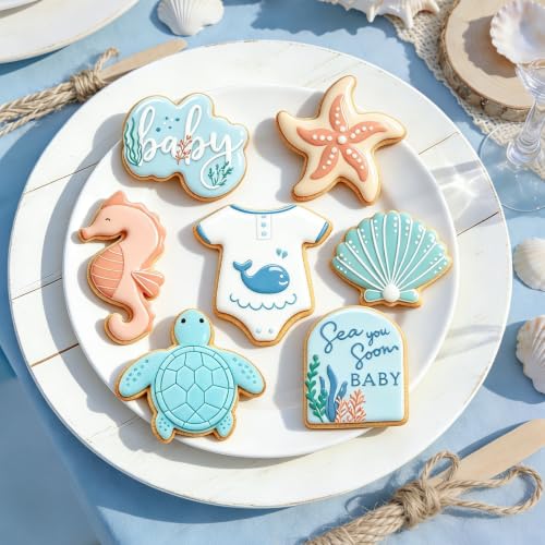 JarThenaAMCS 7Pcs Sea You Soon Baby Shower Cookie Cutters Set Under the Sea Starfish Seashell Onesie Biscuit Cutter Stainless Steel Cookie Cutting Molds for Ocean Birthday Gender Reveal