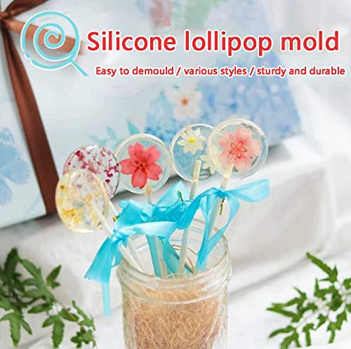 12 Capacity Silicone Lollipop Molds,Chocolate Hard Candy Mold with 50pcs 4 inch Lollypop sucker sticks,Candy Treat Bags,gold ties. (Round pink) - style: Round Pink