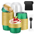 EUSOAR Cupcake Liners and Sporks Individually Wrapped, 120pcs 5oz Disposable Ramekins Aluminum Mini Muffin Pans with Lids, Foil Baking Cups Creme Brulee Holders for Picnic Wedding Birthday Gathering - color: Emerald/Gold