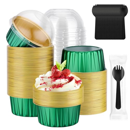 EUSOAR Cupcake Liners and Sporks Individually Wrapped, 120pcs 5oz Disposable Ramekins Aluminum Mini Muffin Pans with Lids, Foil Baking Cups Creme Brulee Holders for Picnic Wedding Birthday Gathering - color: Emerald/Gold
