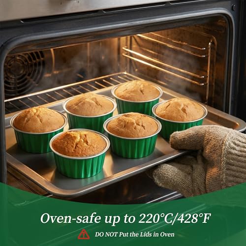 100-Pack 5 oz Green Mini Cake Pans with Lids, Disposable Aluminum Foil Baking Cups, Muffin Tins, Ramekins for Cupcakes, Brownies, Pudding - Festive for St Patricks Day, Birthday Party Supplies - color: Green