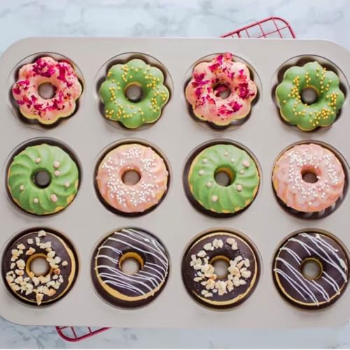 Donut Baking Pan - 14x10.4 Inch Nonstick Carbon Steel Donut Mold with Easy Release Professional Doughnut Maker Pan for Oven Commercial Home Baking (1 Pack 12-Cavity Bagel Pan)