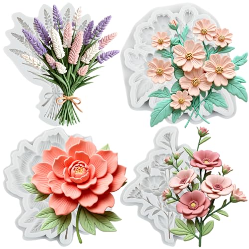 Flower Silicone Mold Poppy Lavender Peony Fondant Molds Set of 4 - color: Style B