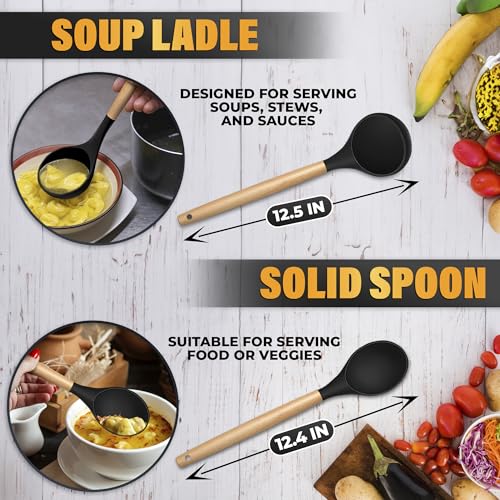 14 Pcs Kitchen Utensils Set with Holder, Beech Handles (Black)