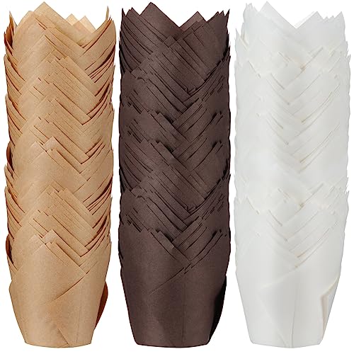 Yaomiao 600 Pcs Tulip Cupcake Liners Greaseproof Paper Tulip Muffin Liners Baking Cups Cupcake Wrappers Holders for Weddings Birthdays Anniversaries Banquets Party Christmas(Brown, Natural, White) - color: Brown,White