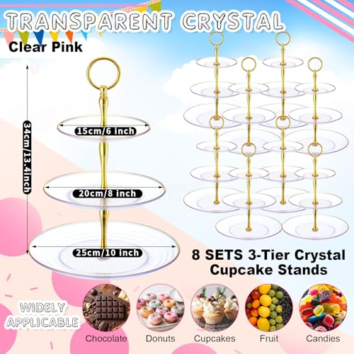 Teenyyou 8 Pack 3 Tier Plastic Cupcake Stand Bulk, Clear, Round - color: Clear, style: Round