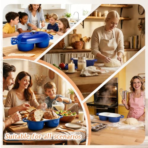 DIY Double Dutch Oven for Sourdough Bread Baking – Enamel Cast Iron Bread Baker with Lid, Bake Two Different Loaves at Once, 500°F Oven Safe, Includes 2×9" Banneton Proofing Baskets - color: Dark blue