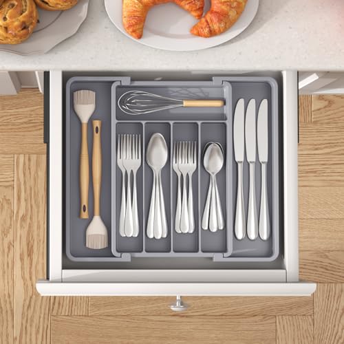 Lifewit Expandable Silverware Drawer Organizer, Kitchen Utensil Tray - color: Gray, size: Medium Wide(8.5-14''W x 12''D)