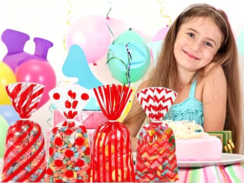 Capesaro 50 Pieces 10.6 x 5.1 In Red Cellophane Treat Bags Candy Gift Bag with Twist Ties Stripes Polka Dot Printed Pattern Goodie Bag for Birthday Weddings Party - color: Red-10.8'' x 5''