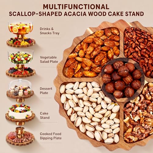 Acacia Wood Cake Stand with Acrylic Lid 12" 6-in-1 Round