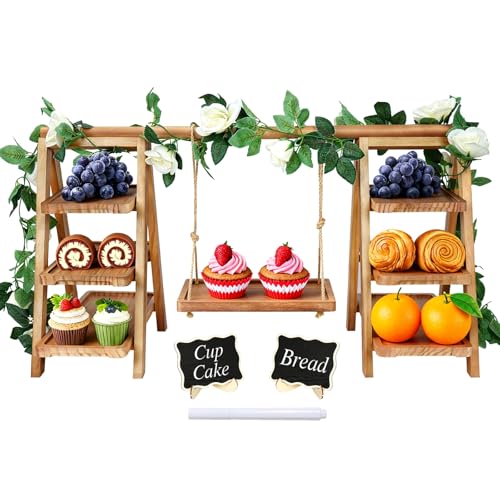 Wooden Cupcake Stand, Foldable 3 Tier Cupcake Display Stand, Walnut Brown