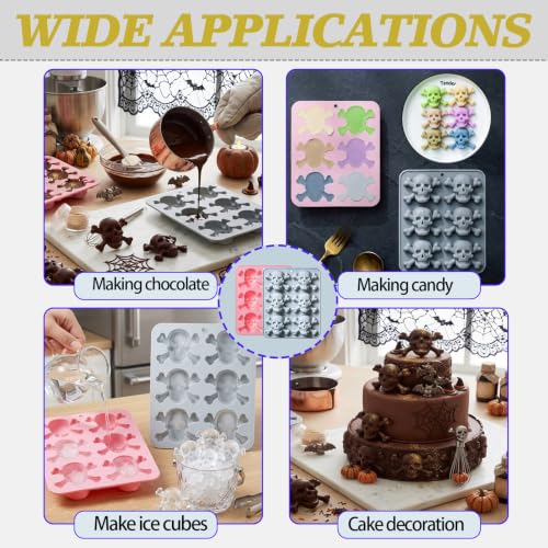 2Pcs 3D Skull Silicone Mold, Halloween Skull Chocolate Mold, Skull Candy Mold for Baking, Ice Cube, Resin, Candy, Soap, Cake Decoration(Pink/Gray)
