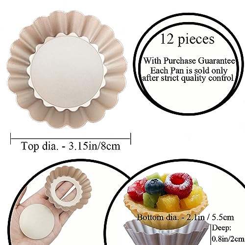 DATANYA Mini Tart Pans Removable Bottom 3 Inch, Carbon Steel Nonstick Quiche Pan Pie Tart Tin Mold, 0.8inches High for Baking Tartlets, Pies, Cakes, Cupcakes - Premium Champagne Gold 12PCS - size: 3.15 Inch X 0.8-inch
