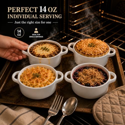 Mini Dutch Oven Set of 4, 14 oz Ceramic Mini Dutch Ovens with Lids and Handles, Ramekins with Lids for French Onion Soup, Pot Pies, Soufflés and Baked Desserts, Oven Microwave Dishwasher Safe, Mini Cocotte, White - color: White