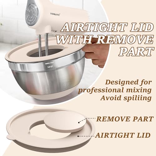 Heavy-Duty 5QT Large Mixing Bowls with Lids Set, Non-Slip Silicone Base - color: Khaki