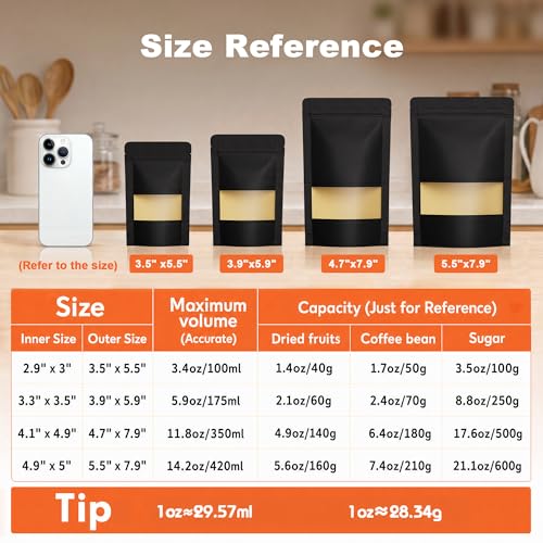 FireKylin 100 Pcs Resealable Bags, Matte Window, Paper, Black,3.9 x 5.9 in - color: Black, size: 3.9"x 5.9"