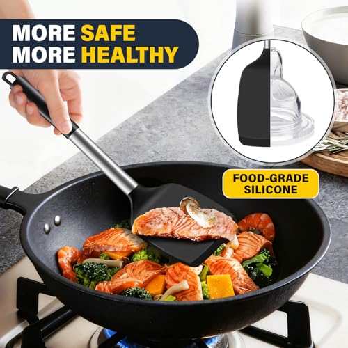 2 Pack Silicone Spatula Set, Solid & Slotted Turner for Non-Stick Pans - color: Black