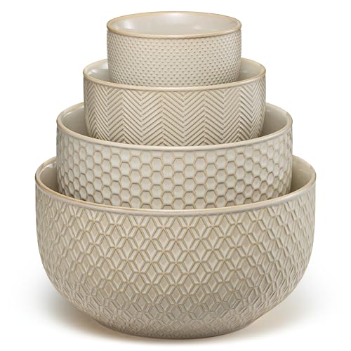 KooK Ceramic Nesting Bowls, Embossed, Oven Safe, Set of 4, Almond - color: Almond