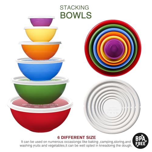Greentainer Plastic Mixing Bowls with Lids Set for Kitchen, 6 Set Nesting Bowls for Mixing, Baking, Prepping, Cooking and Serving Food, Mixing Bowls Dishwasher, Microwave Safe - color: Red