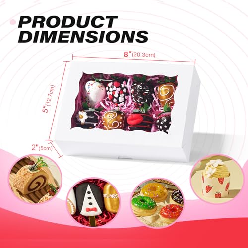 50 PCS 8x5x2 Inch Bakery Boxes with Window for Chocolate Covered Strawberries, Cookies, Cakesickle, Browines, Donut &More - color: White