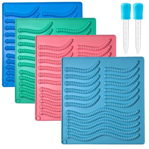 4Pcs Gummy Candy Molds - Silicone Gummy Worm Molds with 2Pcs Dropper,Non-stick and Bpa Free for Candy Chocolate Gummies Baking - color: New Gummy Worm Molds