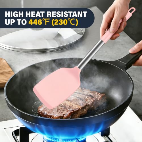 2 Pack Silicone Spatula Set, Solid & Slotted Turner for Non-Stick Pans - color: Pink