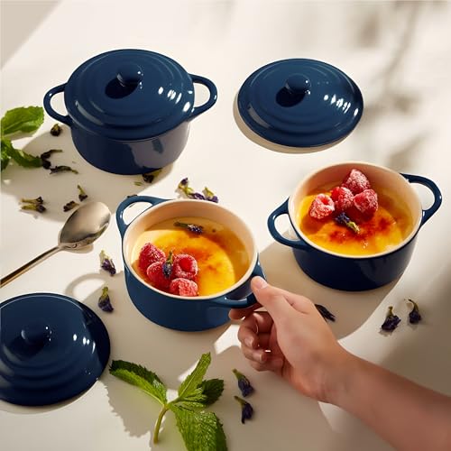 Kook Mini Cocotte, Lids, Handles, Dutch Oven, Set of 4, 12 oz, Navy - color: Navy