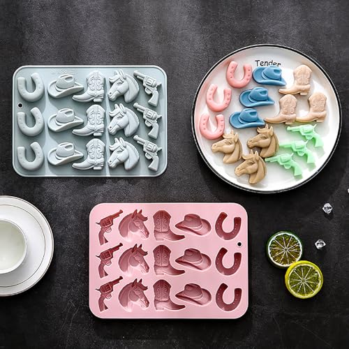 2 Pcs Cowboy Chocolate Silicone Molds, 15 Cavity Western Theme Cowboy Horse Boots Hat Molds Non-Stick Baking Molds for DIY Candy, Gummy, Ice Cubes, Jelly