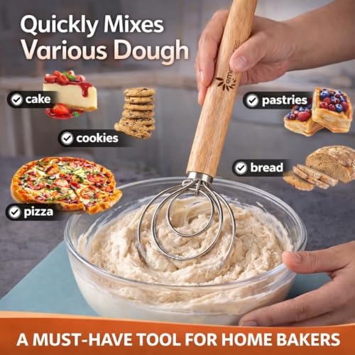 Danish Dough Whisk for Sourdough – Thick Stainless Steel Dutch Whisk with Ergonomic Oak Handle – Heavy-Duty Dough Mixer for Bread & Baking - size: Round Coil