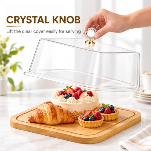 Cabilock Square Cake Stand with Lid, Wood Serving Tray, Clear Acrylic Cover