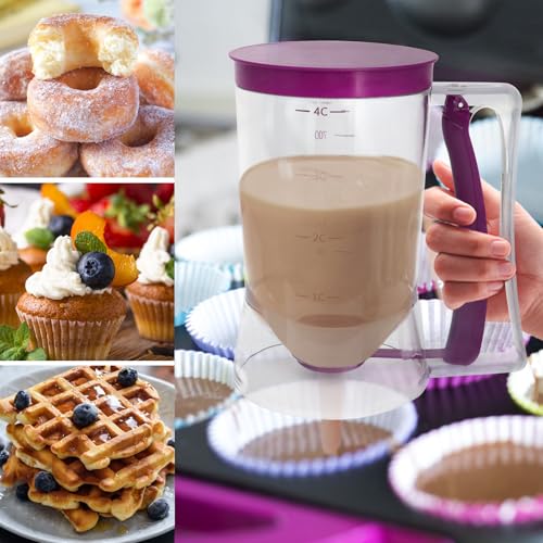 Pancake Batter Dispenser, Kitchen Must Have Tool for Perfect Pancakes, Cupcake, Waffle, Cake & Crepe, Batter Separator Maker with Measuring Label, Easy Pour Baking Supplies for Griddle (Purple) - color: Purple