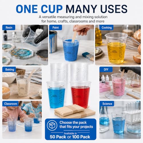 Taeku Plastic Measuring Cups with Mixing Sticks, 8 oz Clear Cup, 100 Pack