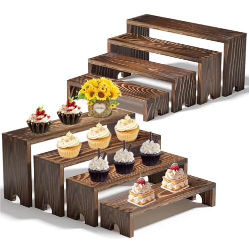 Large 2 Set Stackable Wooden Cupcake Stand Tiered Riser Display Stands for Vendor Events Vendor Booth Display Items Farmhouse Decor Wood Dessert Table Display Set (Dark Brown, 2Pack)