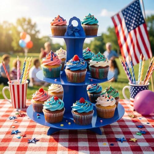 YLDW Cupcake Stand, 3-Tier Cupcake Stand Display, Cardboard Cup Cake Tower Stand, Disposable Dessert Stand for Birthday Tea Party Baby Shower Treat Decorations, Blue - color: Blue