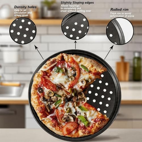 12-inch Perforated Oven Pizza Pan, Carbon Steel Perforated Pizza Tray and Cutter Set, Compatible with Breville Smart Ovens, Non-Stick Baking Pan, Home Pizza Oven Accessories - size: 12.4 inch with holes (2 pcs)