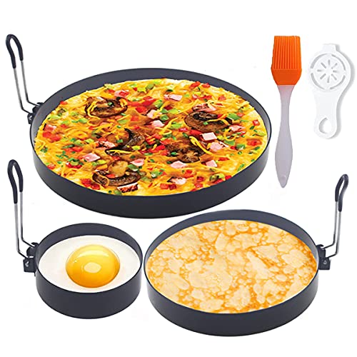 Stainless Steel Egg Cooker Set - 8" Omelette Ring, 6" Pancake Ring, 4" Griddle Egg Ring - Non-stick, Upgrade Large 3 Packs Egg Cooking Rings with Oil Brush & Egg Separator - color: Black 3 pcs of 8" 6" 4“ with accessories
