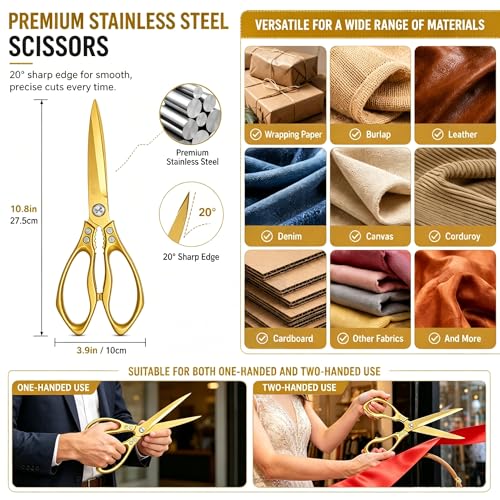 Grand Opening Ribbon Cutting Ceremony Kit –10.8" Giant Gold Scissors, 31 ft x 4“ Gold Ribbon,White Gloves,Tension Wrench & Sharpener (Gold Ribbon) - color: Gold