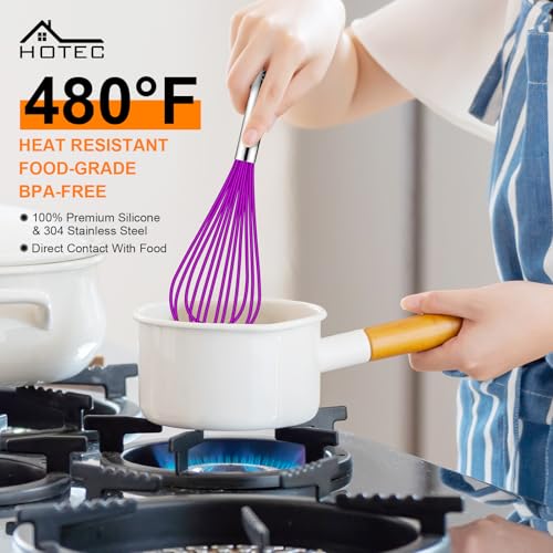 HOTEC 4Pcs Silicone Whisk Set, Wire Balloon Whisks for Cooking Egg Beater - color: Purple,Silver
