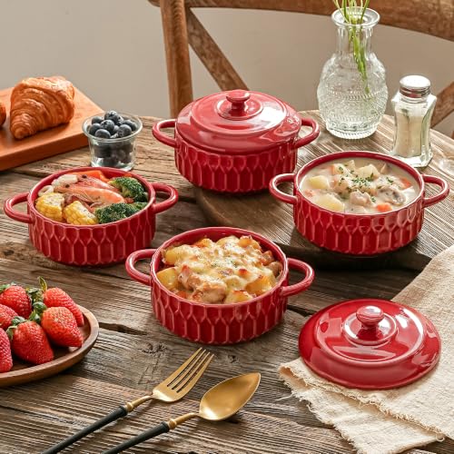 Mini Cocotte Set of 4, 14 oz Ceramic Casserole Dishes with Lids - color: Cherry Red