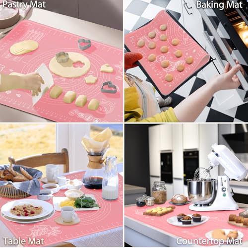 Silicone Pastry Mat 28" x 20" Extra Thick Non Stick Baking Mat with Measurements and Edge Heightening, Food Grade Silicone Rolling Mat for Pastry, Bread, Cookies, Pizza, Fondant, Pasta - Pink - color: Pink, size: 28"L x 20"W