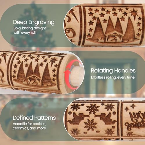 Christmas Embossed Rolling Pin for Baking Cookies Embossing Rolling Pins with Design Wooden Engraved Springerle Roller Pin Dough Patterned Clay Pottery Ceramic Bakers Women (Nativity Patterns) - color: Nativity