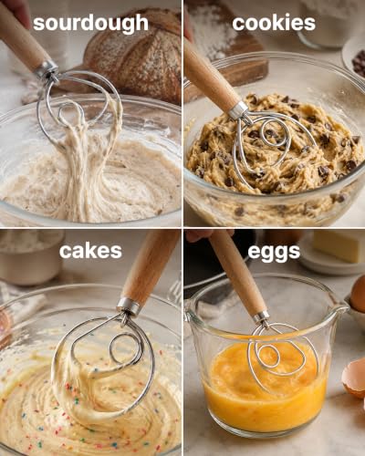 Zulay Kitchen 13-Inch Danish Dough Whisk - Stainless Steel Wooden Whisk with Dough Hook - Sourdough Whisk for Bread, Pizza, Pastry, Cake Batter & More - Wood - color: Rubberwood | Single