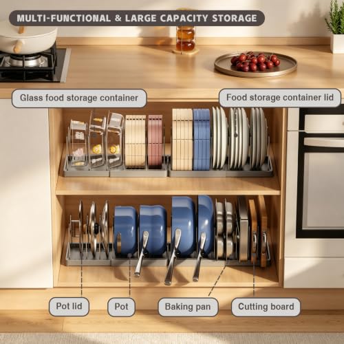 Magheo 2 Pack Expandable Food Storage Container Lid Organizers, 31.3" Pots and Pans Organizer Under Cabinet with 12 Adjustable Dividers Pot and Pan Lid Holders Rack Inside Cabinet(Gray) - color: Gray, size: (2 Pack)31.3"D x 7.9"W x 5.9"H