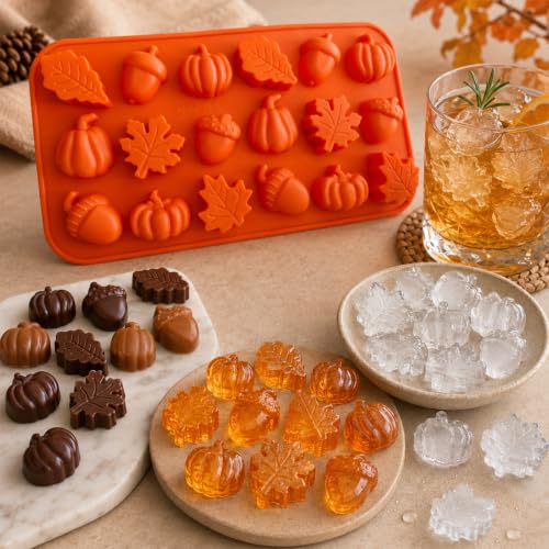 3Pack Thanksgiving Silicone Molds 3D Pumpkin Silicone Mold Fall Silicone Molds Autumn Maple Leaf Pumpkin Acornshape Thanksgiving Fall Theme Silicone Molds for Cupcake Topper Gummy Ice Cube Resin Soap