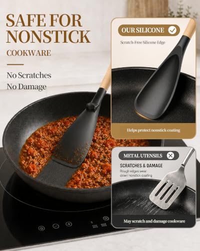 Astercook Cooking Spoon, 2 Pack, Nonstick Safe Silicone Spatula - color: Black