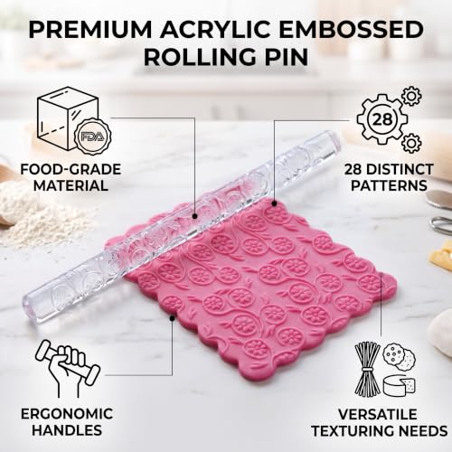 Rengue Floral Vine Embossed Acrylic Rolling Pin, 16×1cm Dough Roller (#26) - size: 52017 flowers and plants
