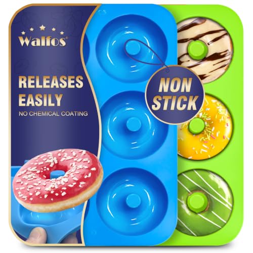 Walfos Silicone Donut Mold - Non-Stick Silicone Doughnut Pan Set, Heat Resistant, Make Perfect Donut Cake Biscuit Bagels, BPA FREE and Dishwasher Safe, Set of 2 - color: Blue&Grass Green, size: 3 Inch Diameter