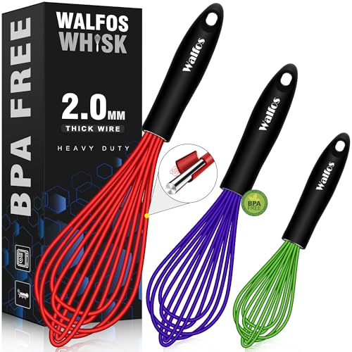 Walfos Whisk,7+9+11in Silicone whisk, BPA free Whisks for Cooking Non Scratch. Heat Resistant(480°F) Wisk. Perfect for Blending, Mixing, Beating etc.Dishwasher Safe.Set of 3 (Colorful) - color: Red+Blue+Green
